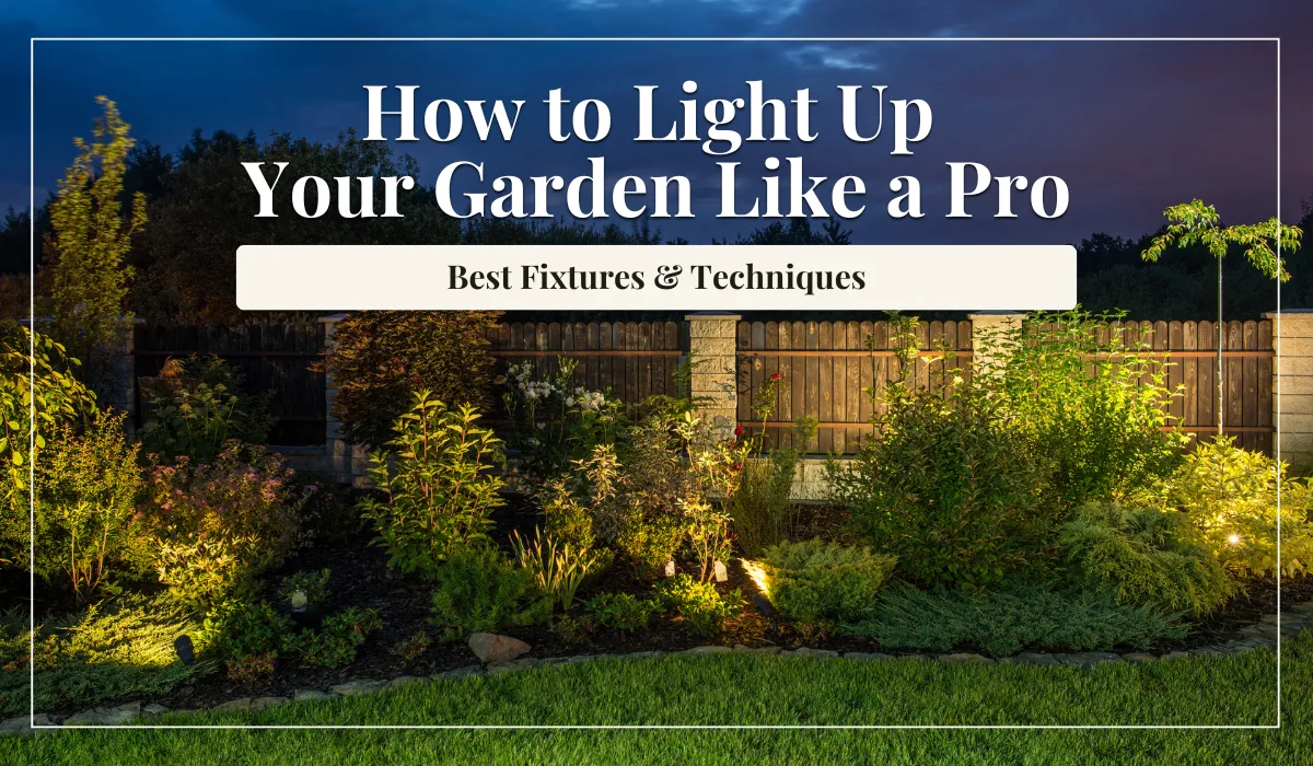 Well-lit garden at dusk showcasing landscape lighting techniques and fixture placement.