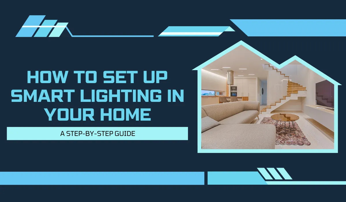 Smart lighting setup guide cover with modern living room and tech-style graphic elements