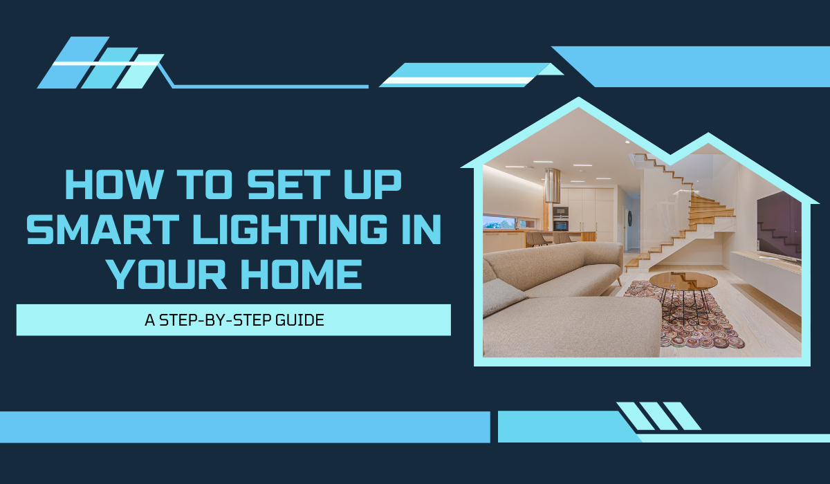 Smart lighting setup guide cover with modern living room and tech-style graphic elements.