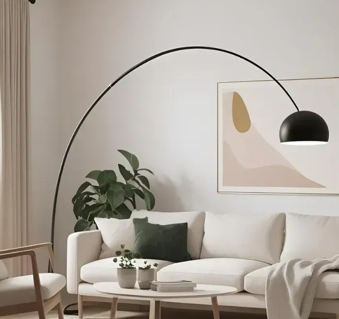 Modern arched floor lamp in a minimalist living room with neutral decor.