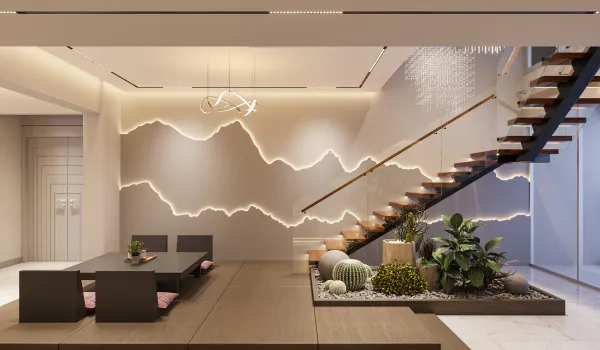Modern Japanese-style dining area with LED strip lighting on a textured wall, pendant chandelier, and indoor staircase beside a cactus garden.