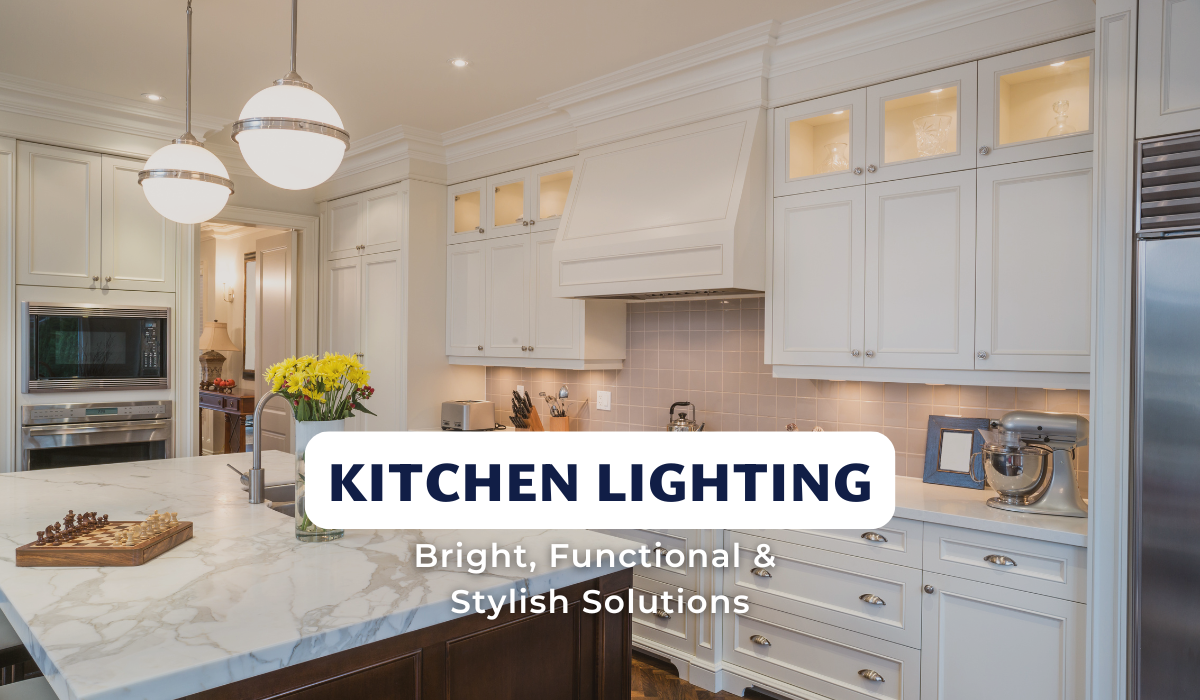 Bright kitchen with pendant lights and white cabinetry promoting stylish lighting solutions.