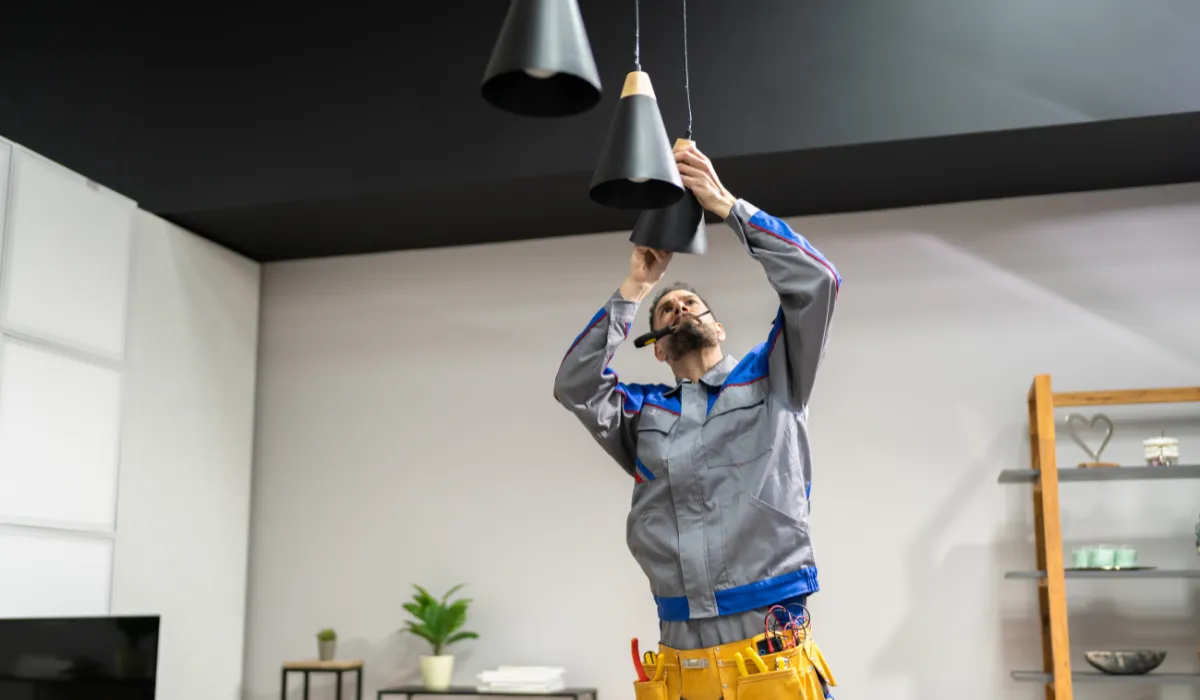 A professional electrician installing modern black pendant lights in an indoor space.