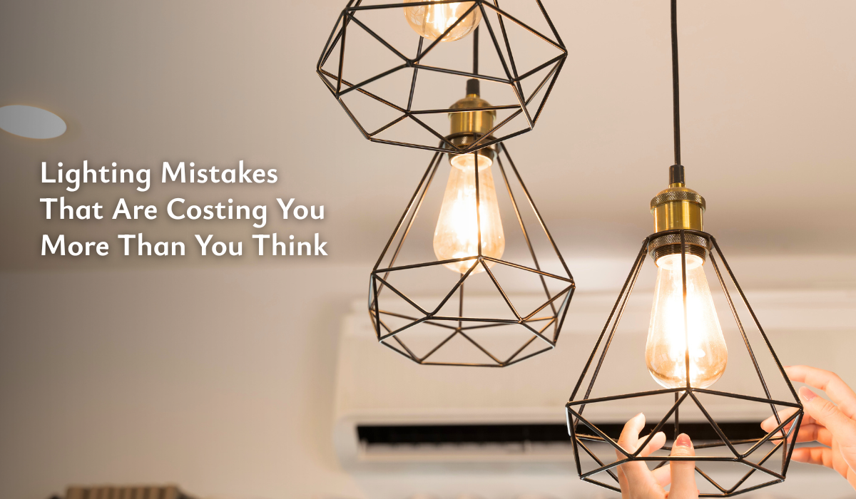 Illustration of common lighting mistakes in a modern interior with uneven brightness and glare shown.