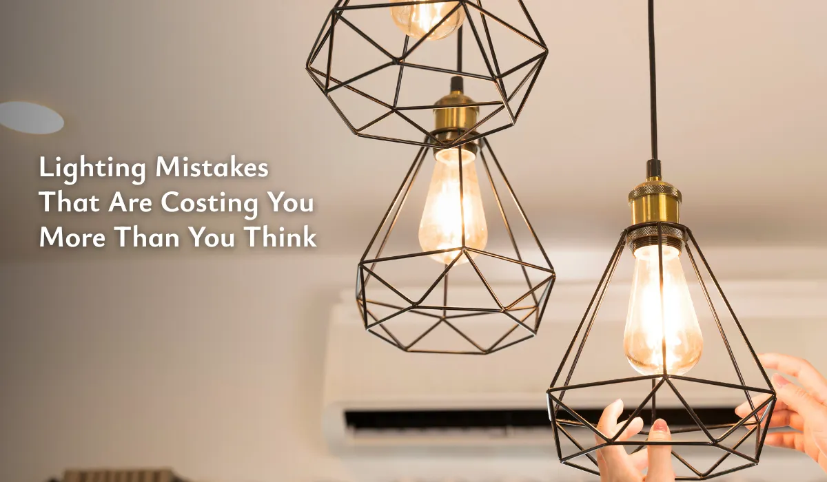 Illustration of common lighting mistakes in a modern interior with uneven brightness and glare shown.