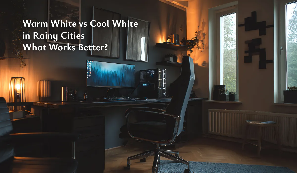 Office interior lit with warm and cool lights in a rainy city, illustrating light temperature effects.