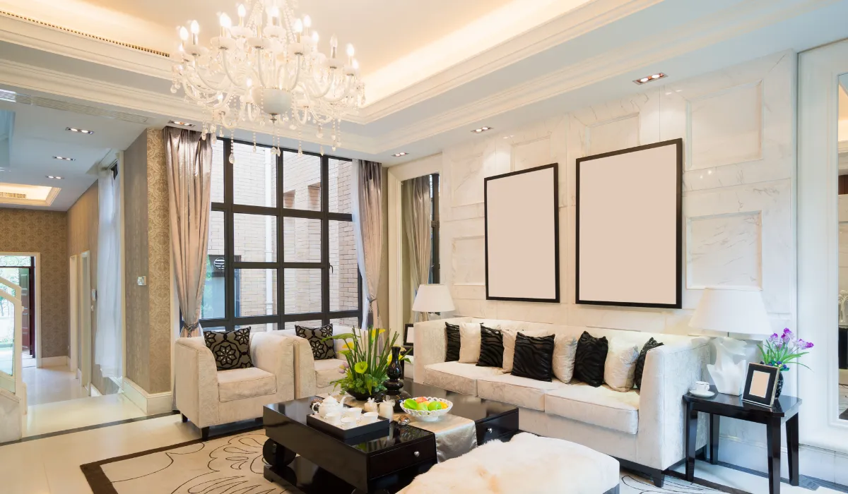 Luxurious living room with chandelier and elegant ambient lighting