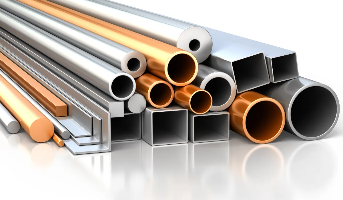 Stack of various metal profiles including copper, aluminum, and steel tubes.