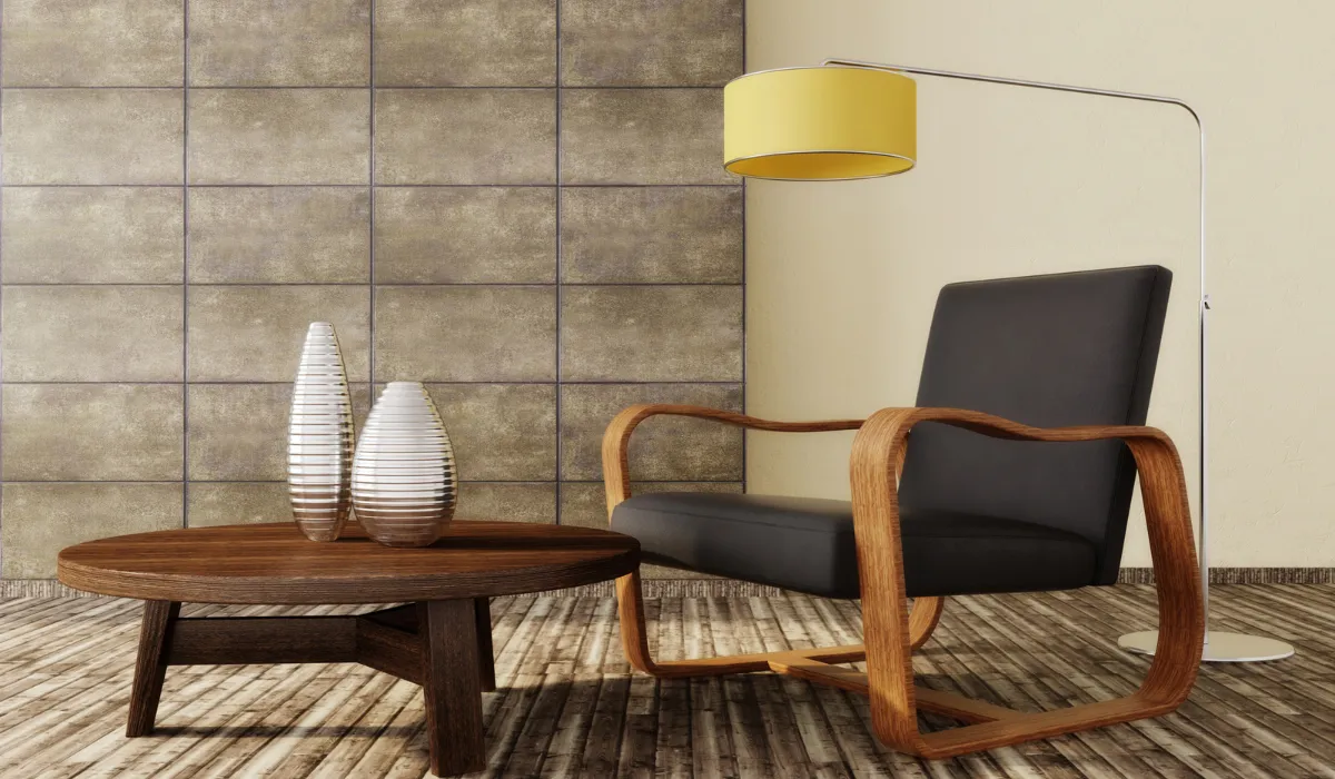 Mid-century modern floor lamp with sculptural silhouette and warm ambient lighting