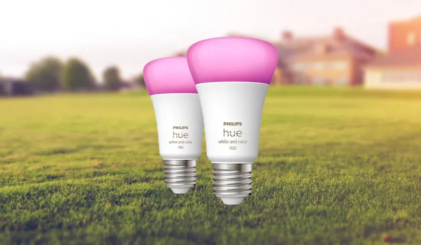 Two Philips Hue smart bulbs with pink tops on a grassy lawn