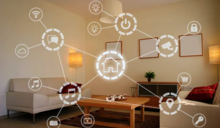 Connected smart home devices in a modern living room setting