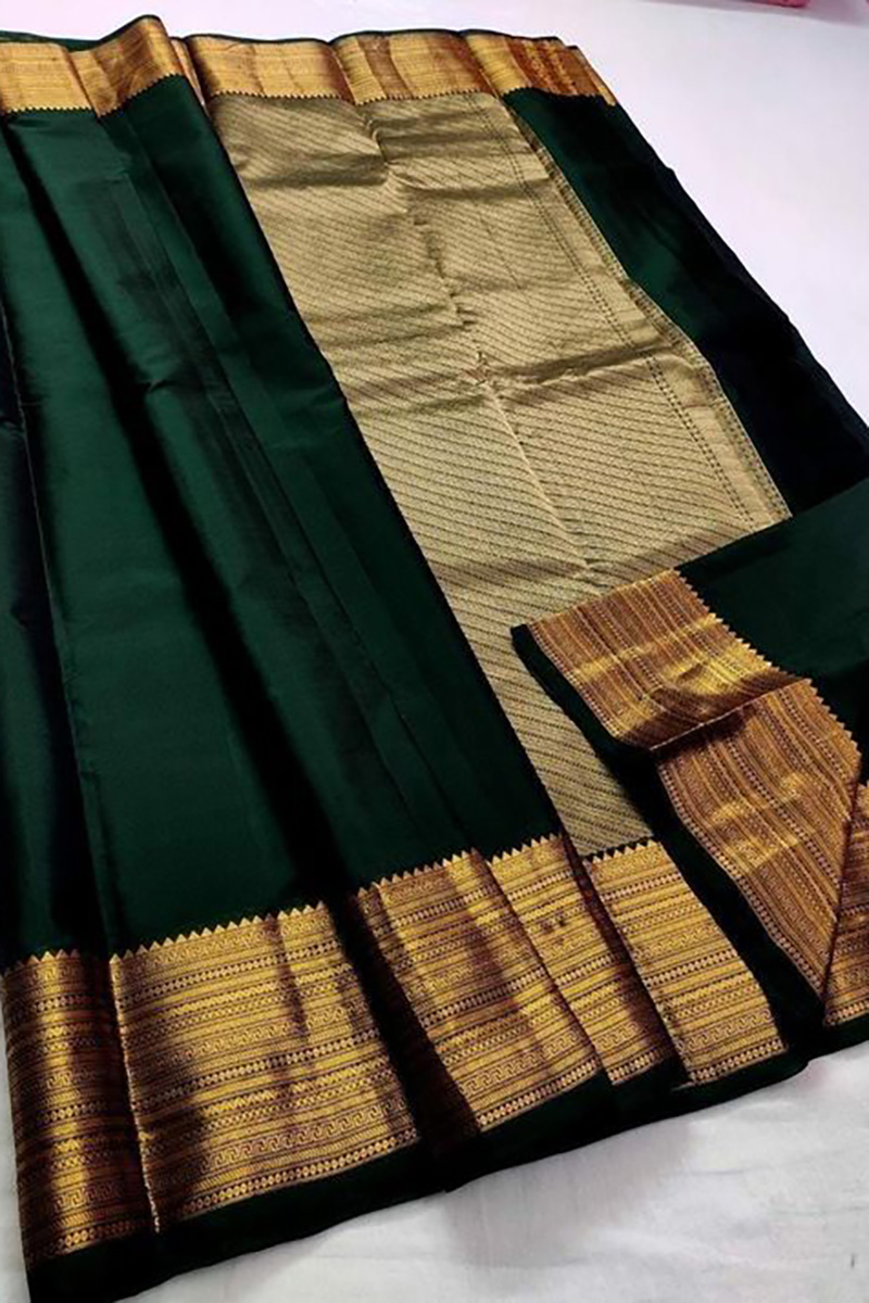 Green art silk saree with zari buttas, contrast traditional zari design  border & pallu of intricate designs