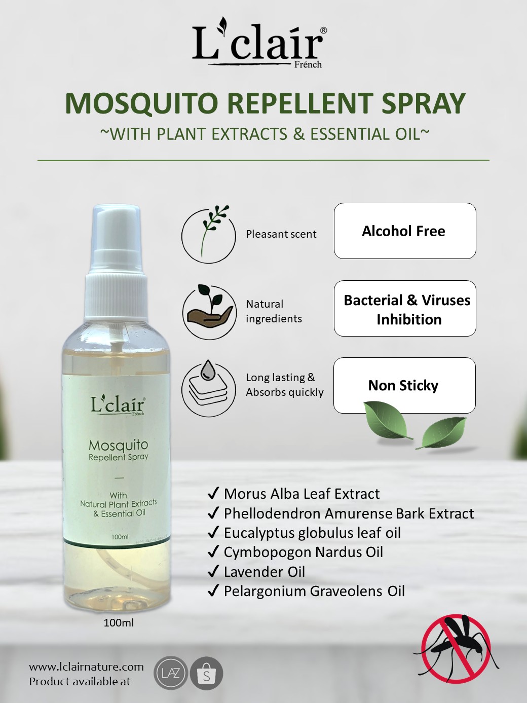 L18 - LCLAIR MOSQUITO REPELLENT SPRAY (100ml) 植物驱蚊喷雾-huwagroup