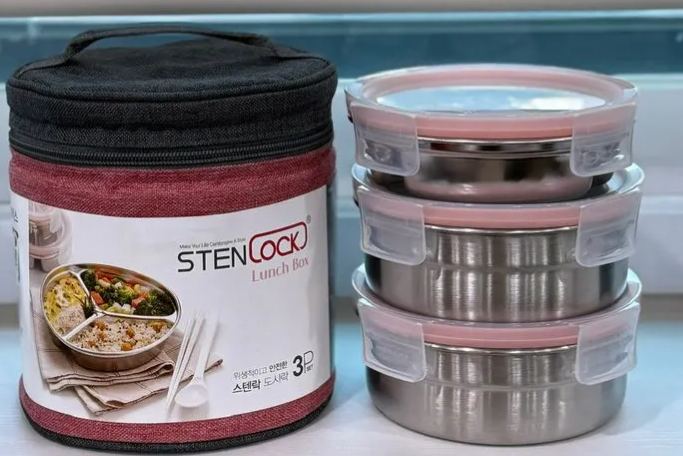 DK69 -STENLOCK ROUND LUNCH M SIZE 三层圆形不锈钢便当盒(350ML/700MLx2）-huwagroup