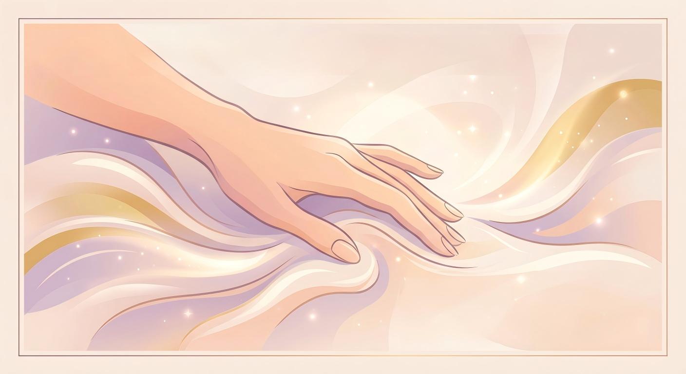 女性手部輕觸絲綢的唯美插圖，代表溫柔的陰蒂按摩與探索自我的陰蒂自慰過程