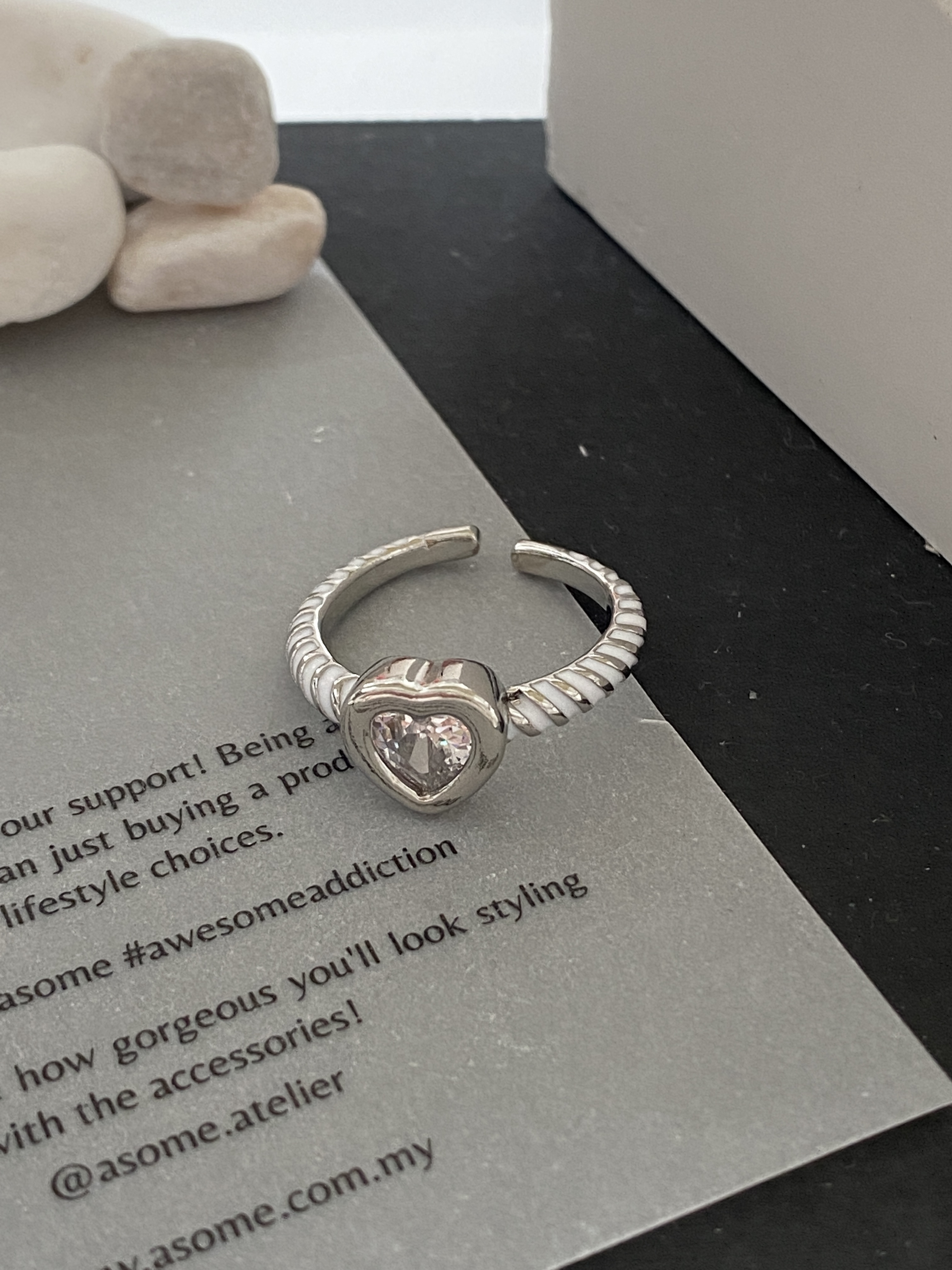 silver white braided love Swarovski stone ring