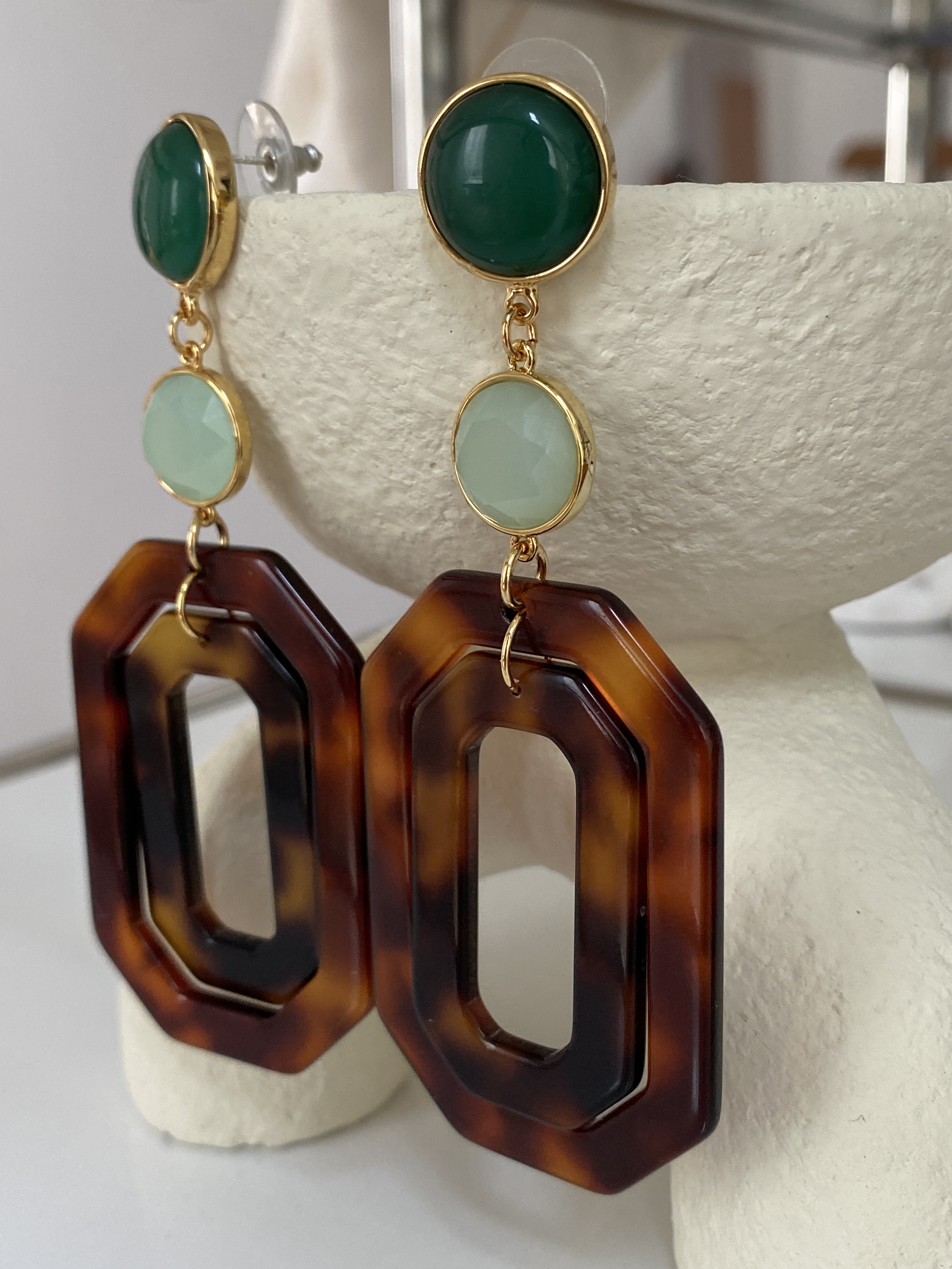 Green stone with octagon amber chunky earring