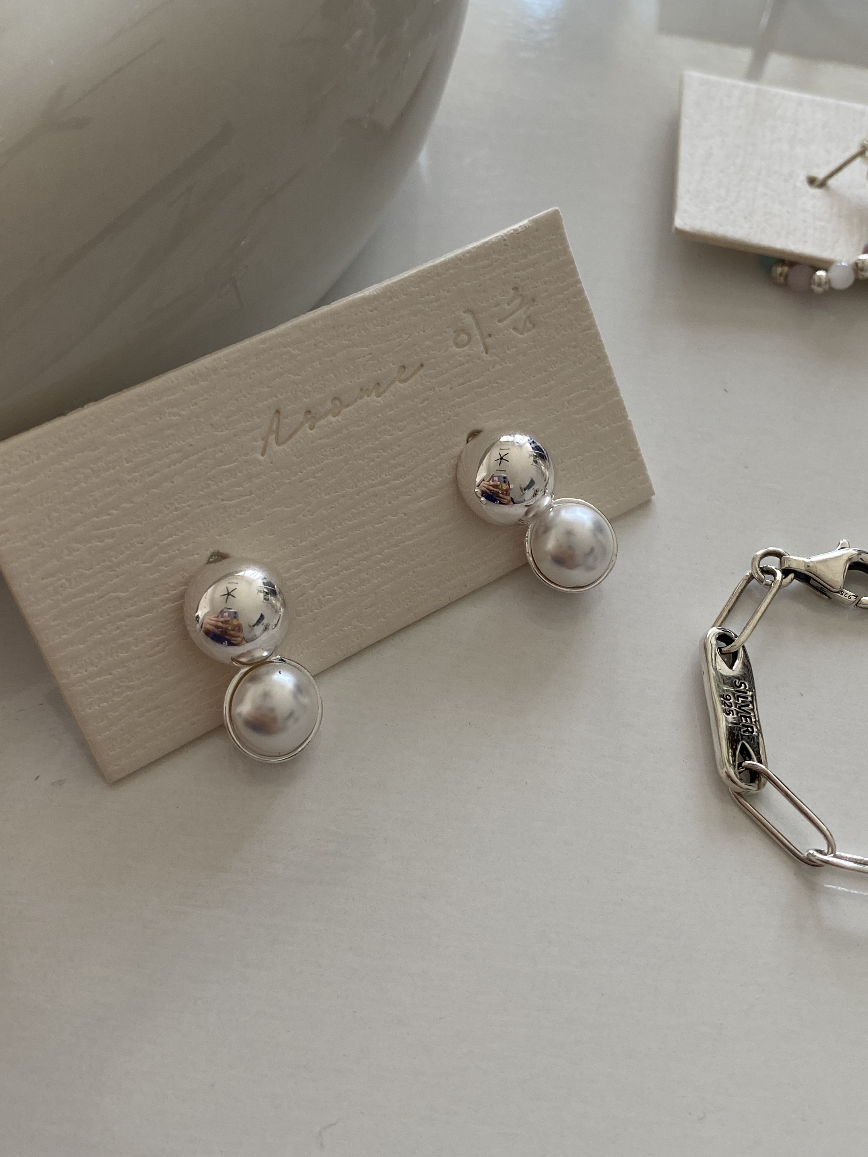 S925 half silver drop half pearl earrings