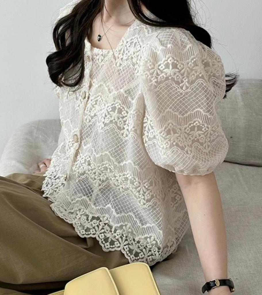 Square neck full lace gold flower button blouse