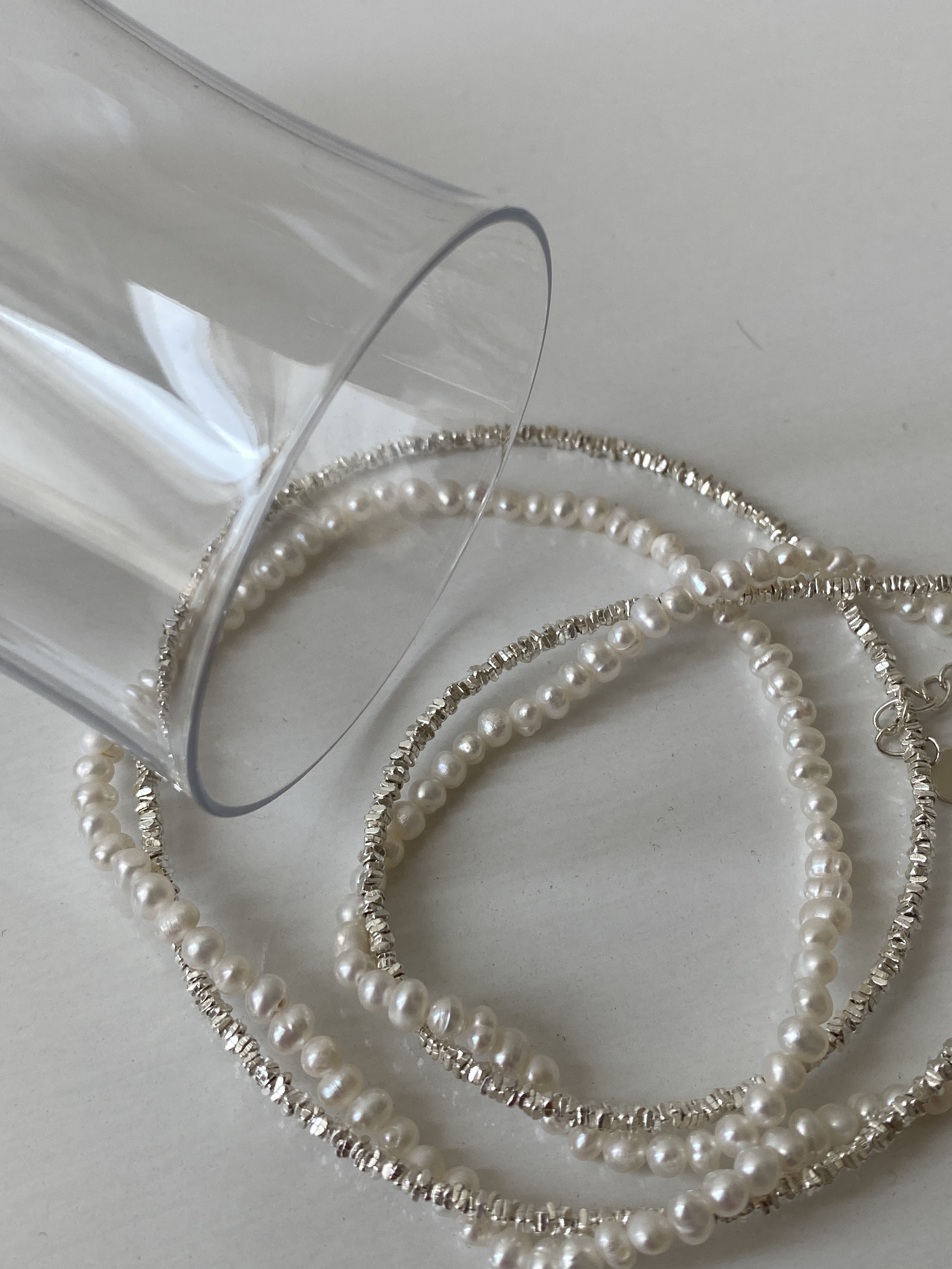 s925 3mm freshwater pearl twist with silver beads chains necklace