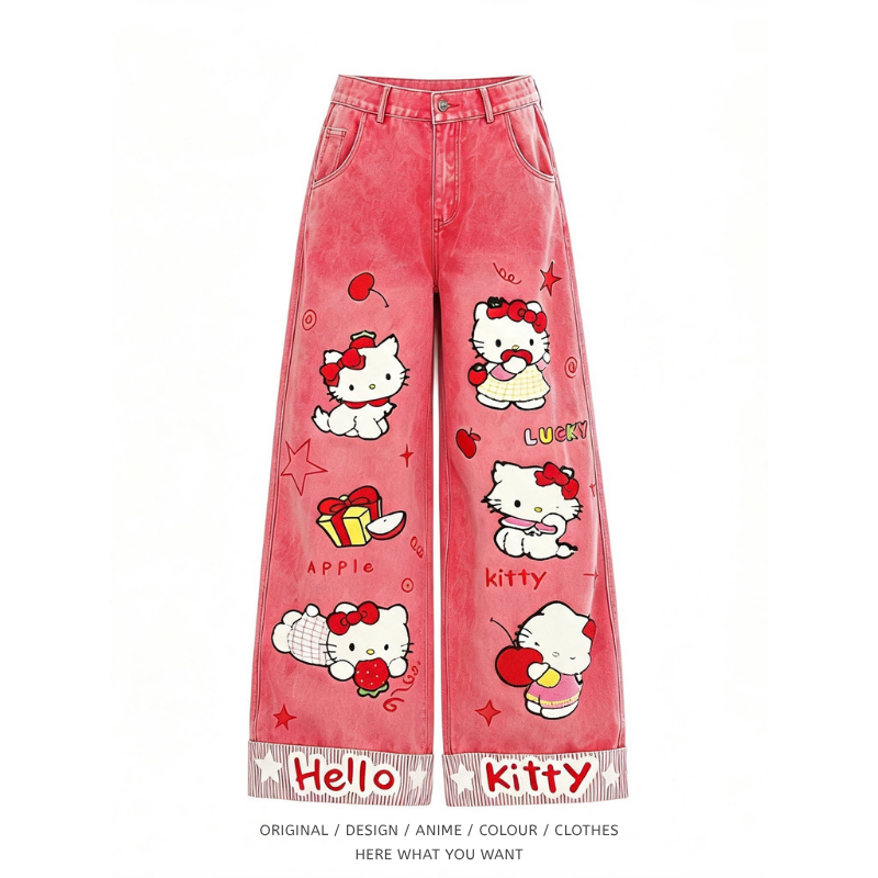 Hello Kitty 粉色刺繡牛仔褲｜美式復古寬鬆闊腿褲・女款休閒長褲