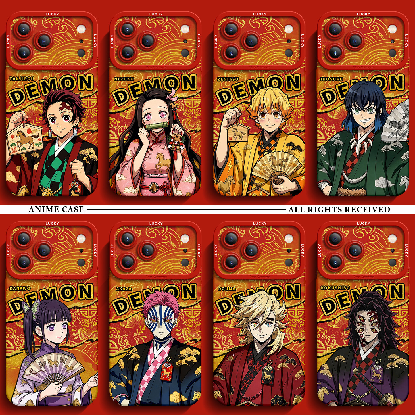 鬼滅之刃紅色馬年金線矽膠手機殼