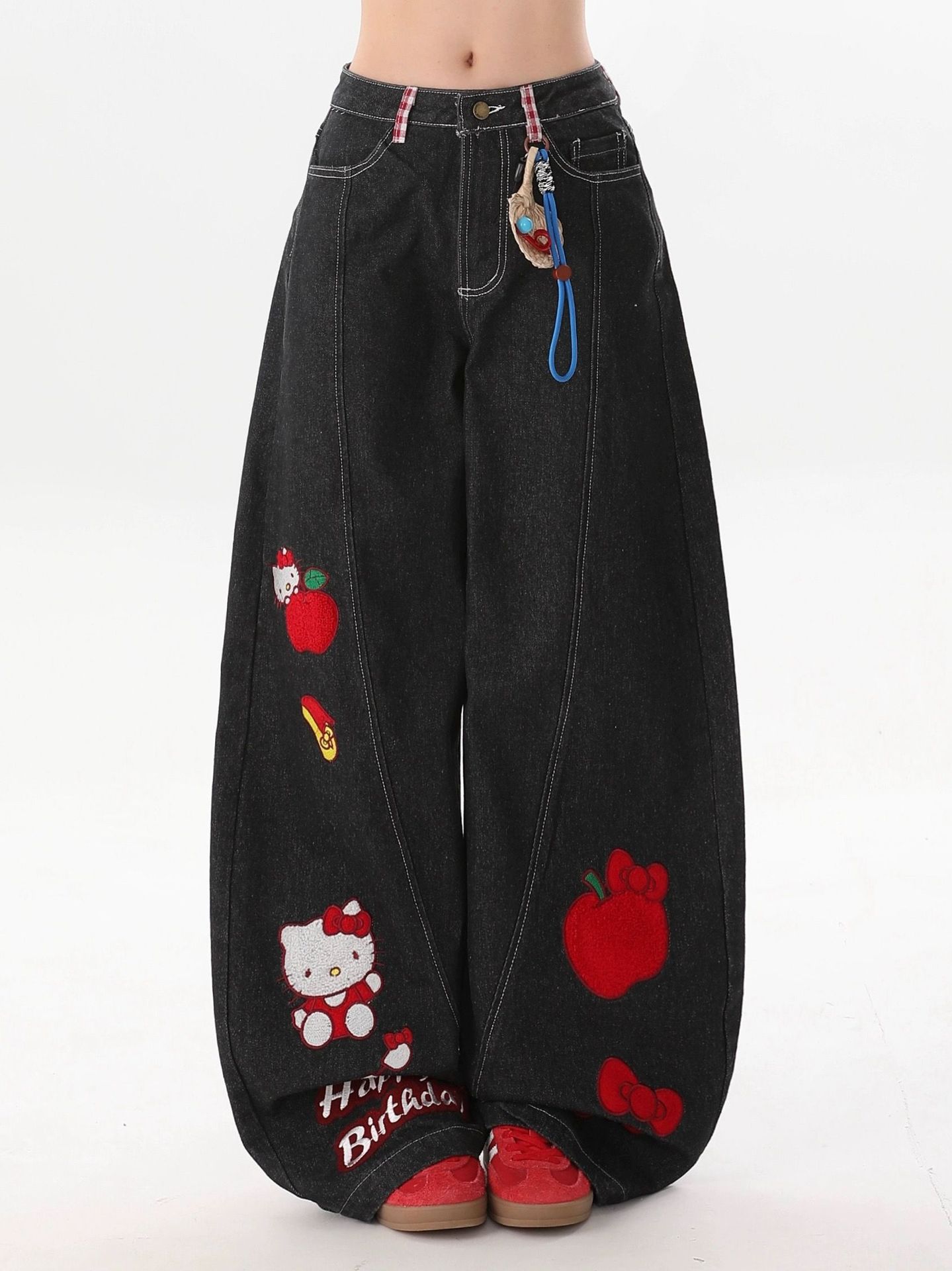 美式復古Kitty貓-刺繡彎刀寬鬆闊腿牛仔褲