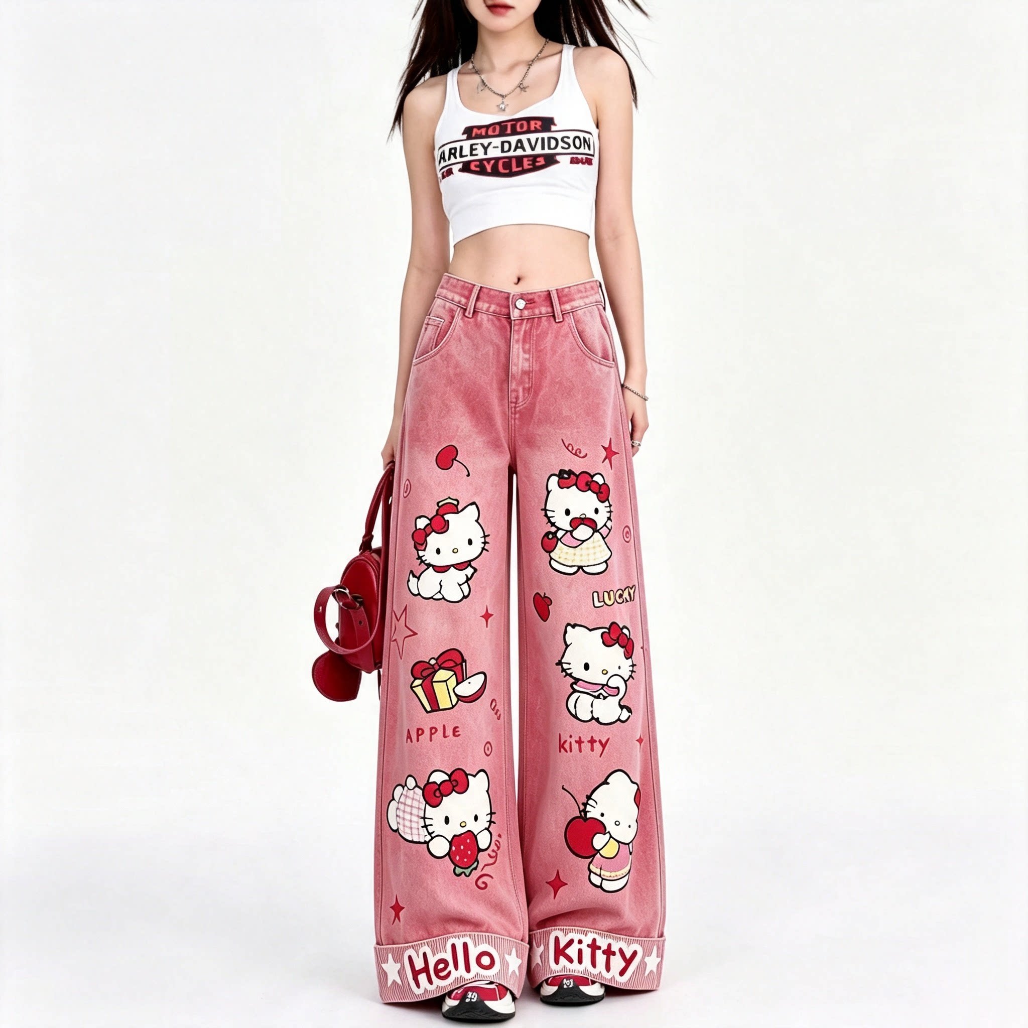 Hello Kitty 粉色刺繡牛仔褲｜美式復古寬鬆闊腿褲・女款休閒長褲