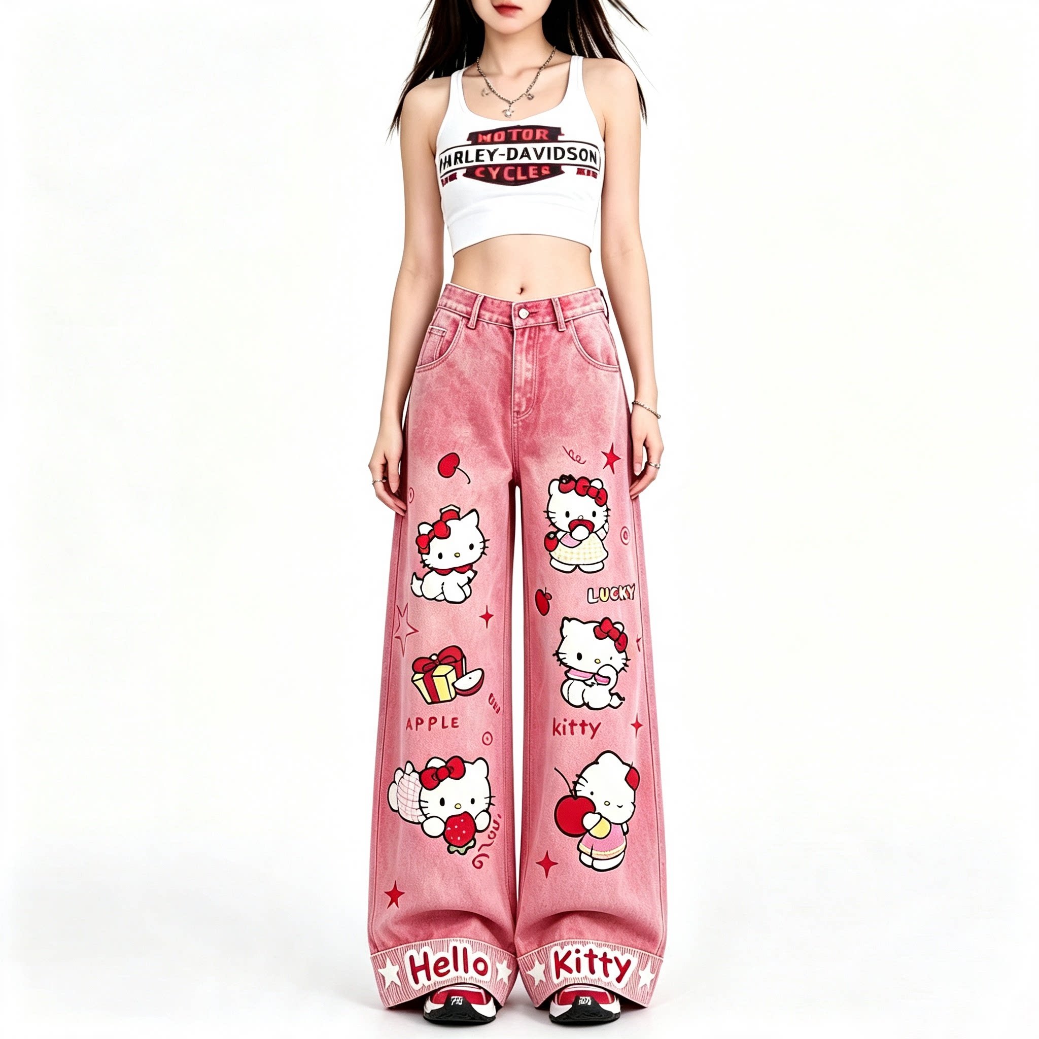 Hello Kitty 粉色刺繡牛仔褲｜美式復古寬鬆闊腿褲・女款休閒長褲