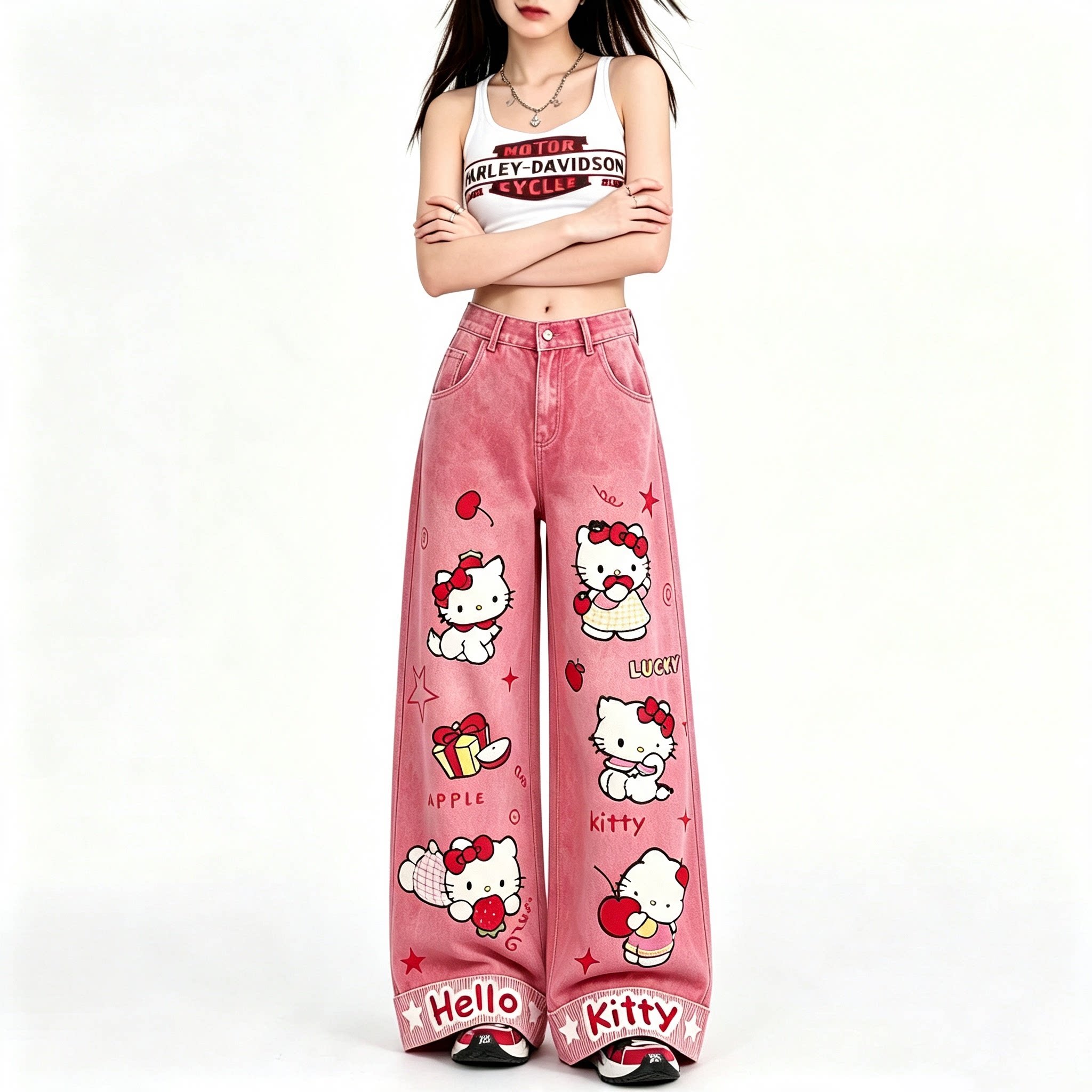Hello Kitty 粉色刺繡牛仔褲｜美式復古寬鬆闊腿褲・女款休閒長褲
