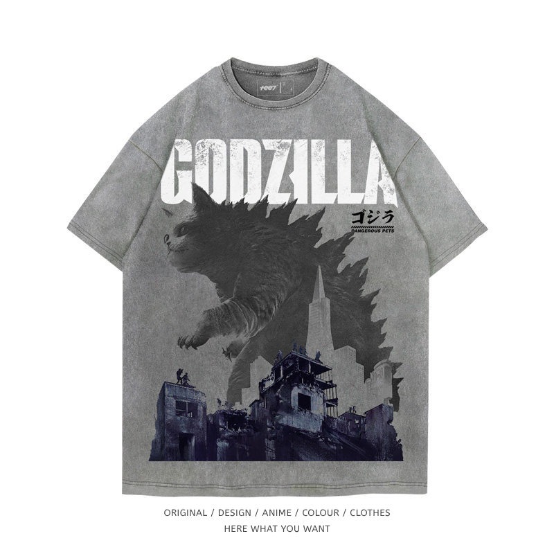 貓咪哥吉拉 Godzilla 水洗做舊T恤