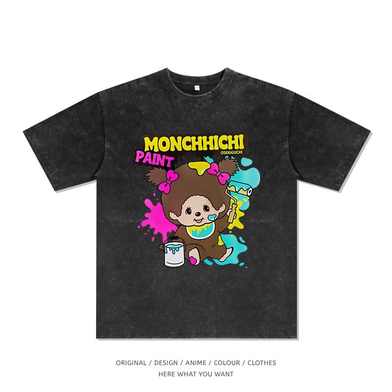 蒙奇奇 Monchhichi 可愛塗鴉水洗做舊T恤