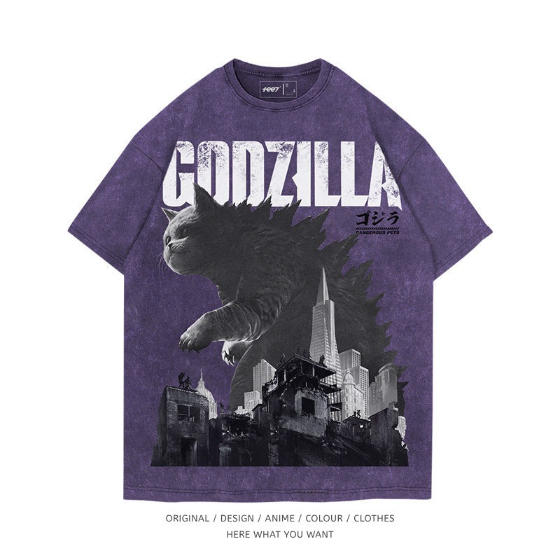 貓咪哥吉拉 Godzilla 水洗做舊T恤