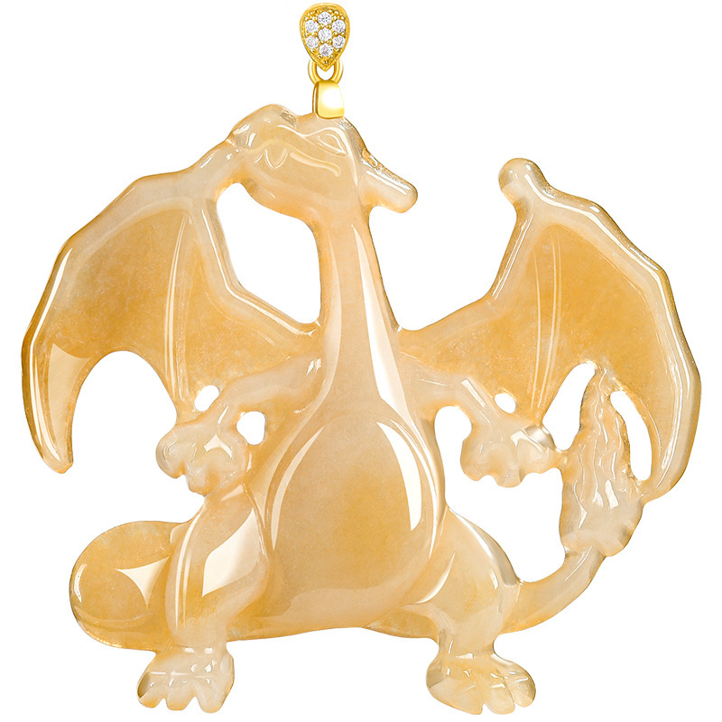 天然冰種翡翠 噴火龍燒黃工藝吊墜 動漫風玉石掛件紀念品-ZUIHANG SHOP