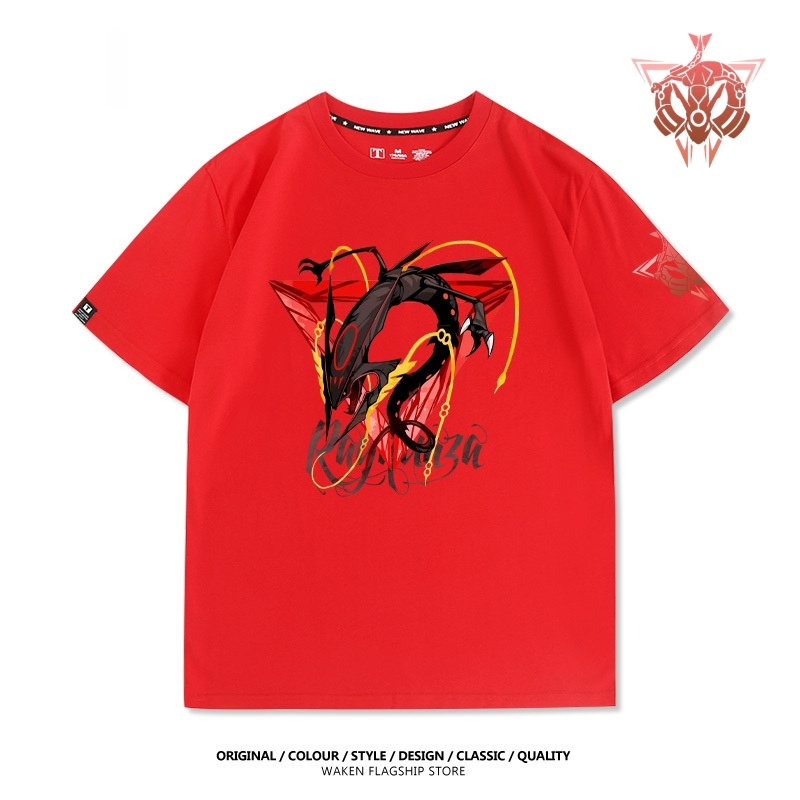 MEGE紅色裂空座印花短袖T恤