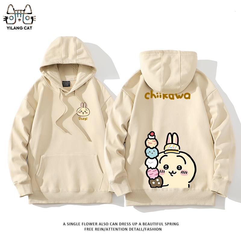 Chiikawa聯名衛衣2024秋冬新款親子情侶裝薄絨款連帽衛衣