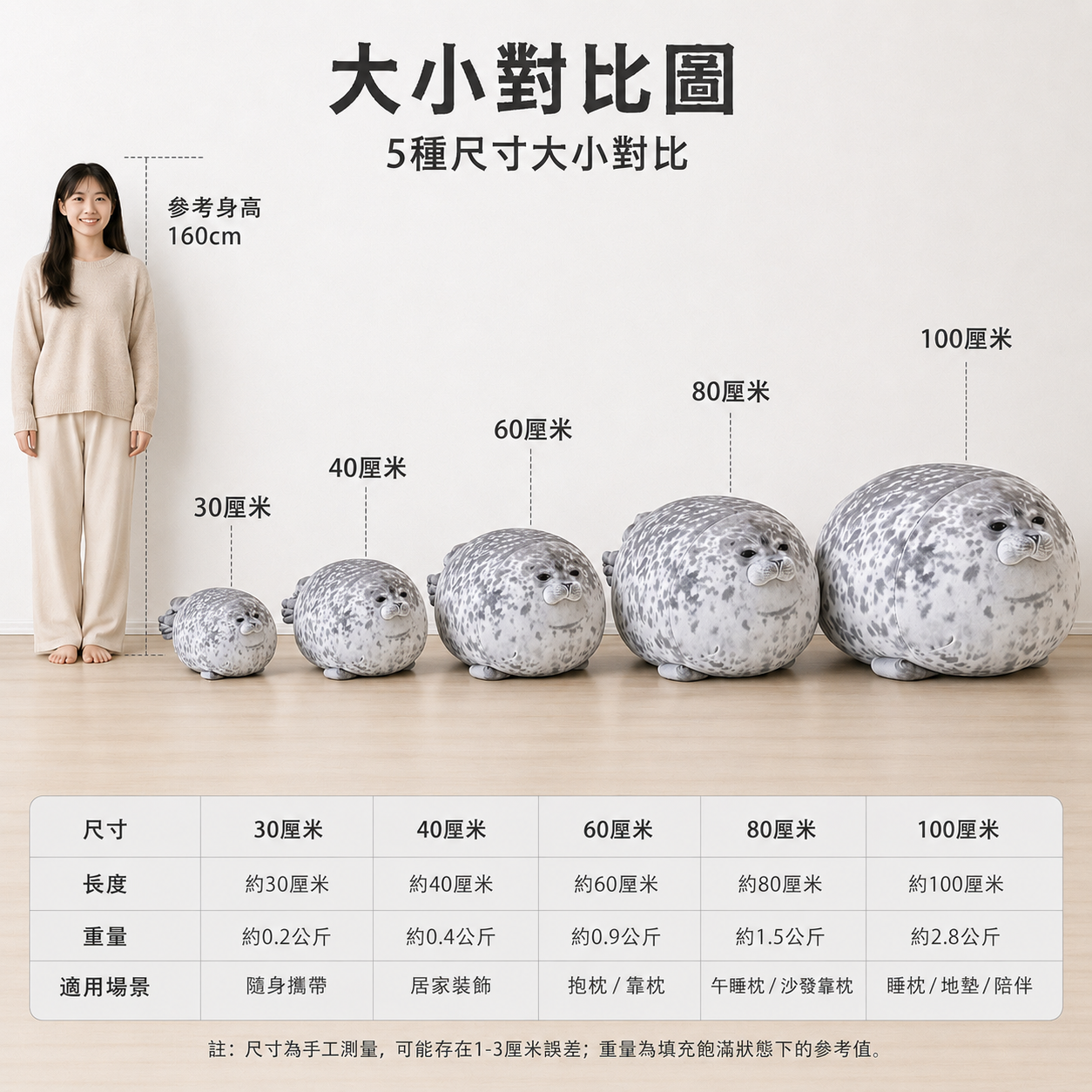 日本大阪YUKI海豹抱枕超大療癒玩偶 尺寸展示