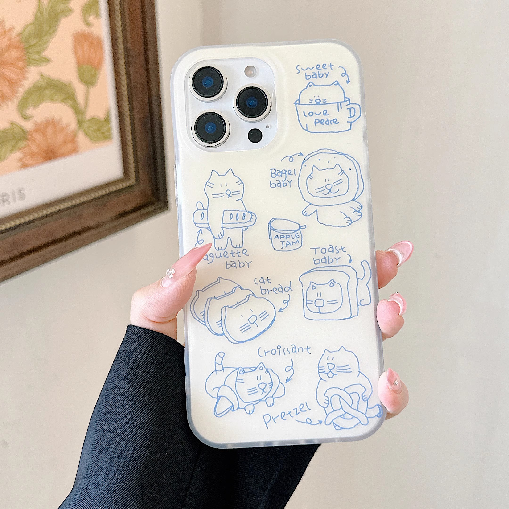 韓系簡約線條塗鴉卡通貓咪手機殼-ZUIHANG SHOP