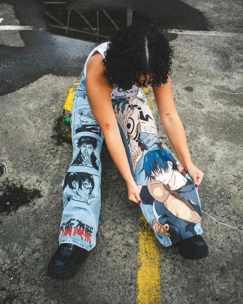 咒術迴戰寬鬆牛仔褲｜手繪圖案男女同款・復古潮流休閒褲