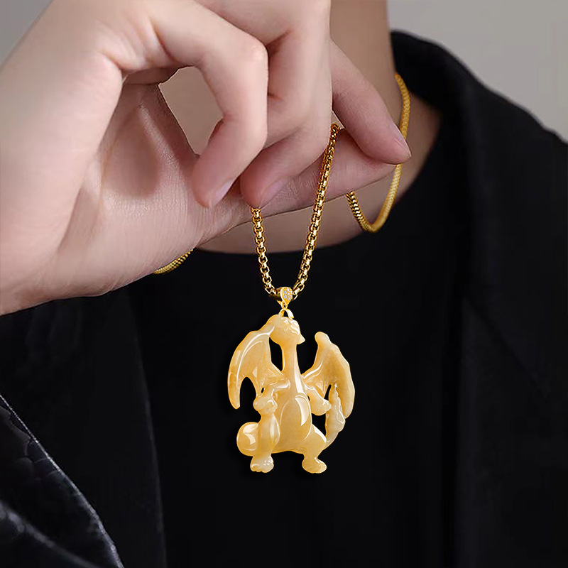 天然冰種翡翠 噴火龍燒黃工藝吊墜 動漫風玉石掛件紀念品-ZUIHANG SHOP