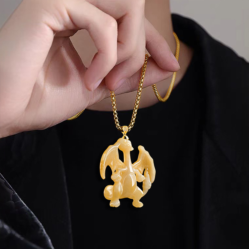 天然冰種翡翠 噴火龍燒黃工藝吊墜 動漫風玉石掛件紀念品-ZUIHANG SHOP