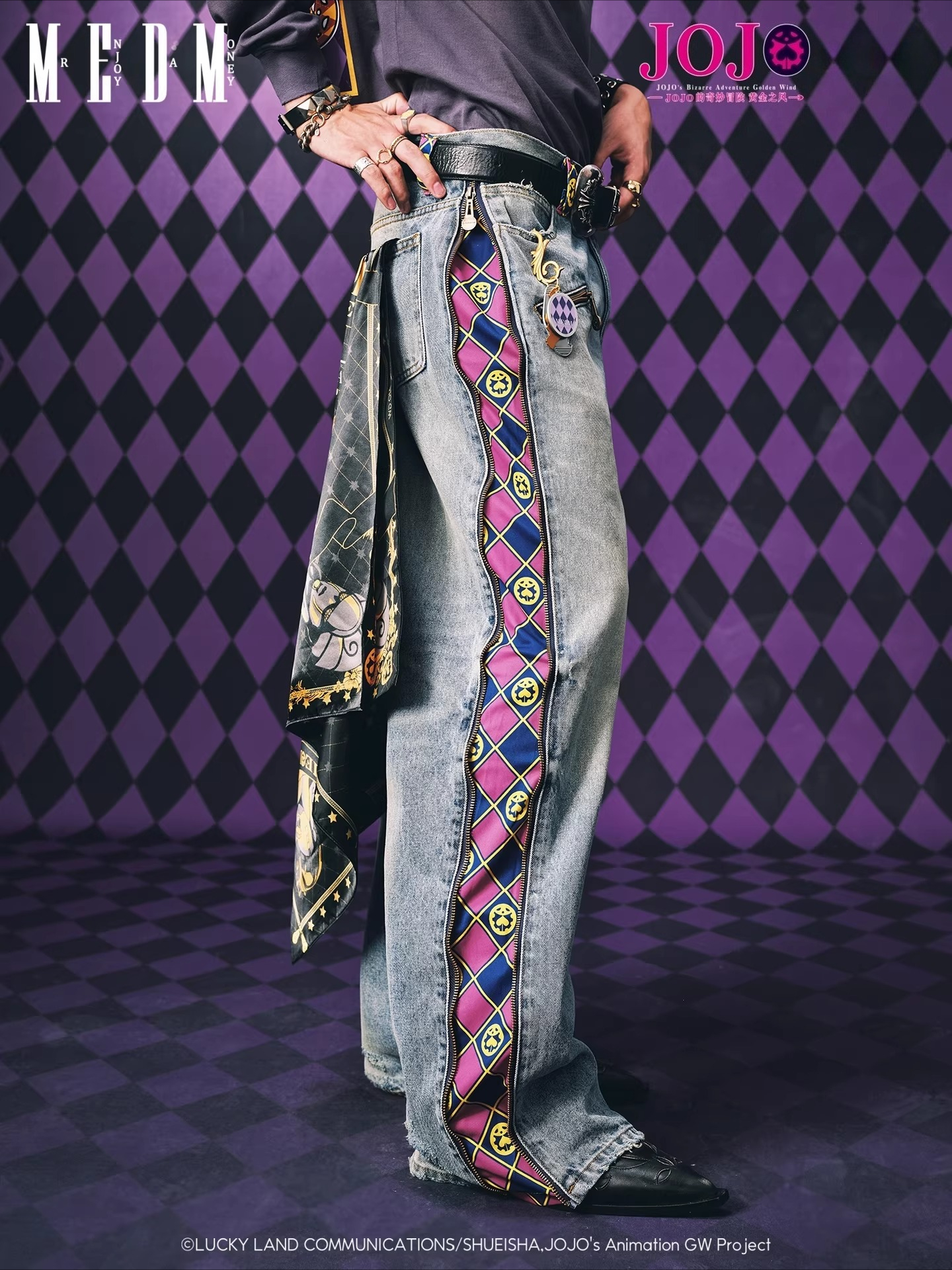 MEDMxJOJO的奇妙冒險聯名-拉鍊格紋水洗做舊休閒牛仔褲