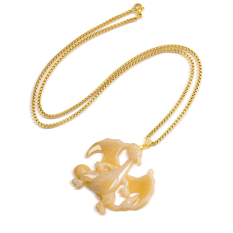 天然冰種翡翠 噴火龍燒黃工藝吊墜 動漫風玉石掛件紀念品-ZUIHANG SHOP