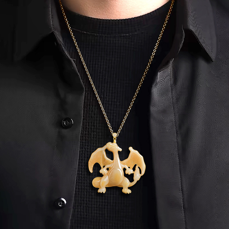 天然冰種翡翠 噴火龍燒黃工藝吊墜 動漫風玉石掛件紀念品-ZUIHANG SHOP