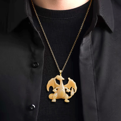 天然冰種翡翠 噴火龍燒黃工藝吊墜 動漫風玉石掛件紀念品-ZUIHANG SHOP