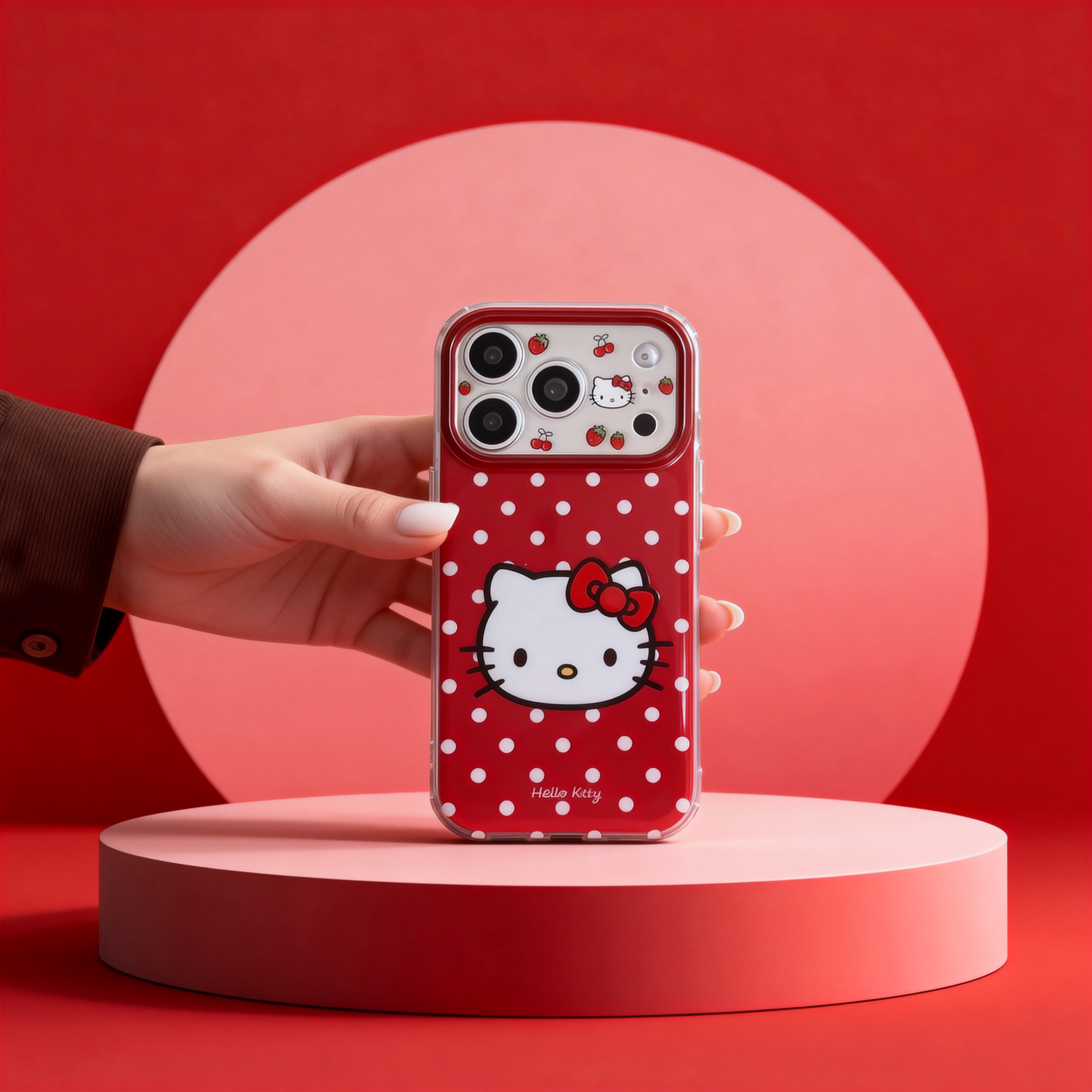 紅底白波點凱蒂貓頭手機殼