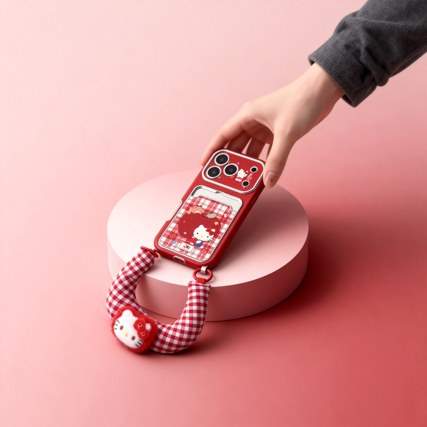 韓系紅格紋蘋果小熊凱蒂貓手機殼