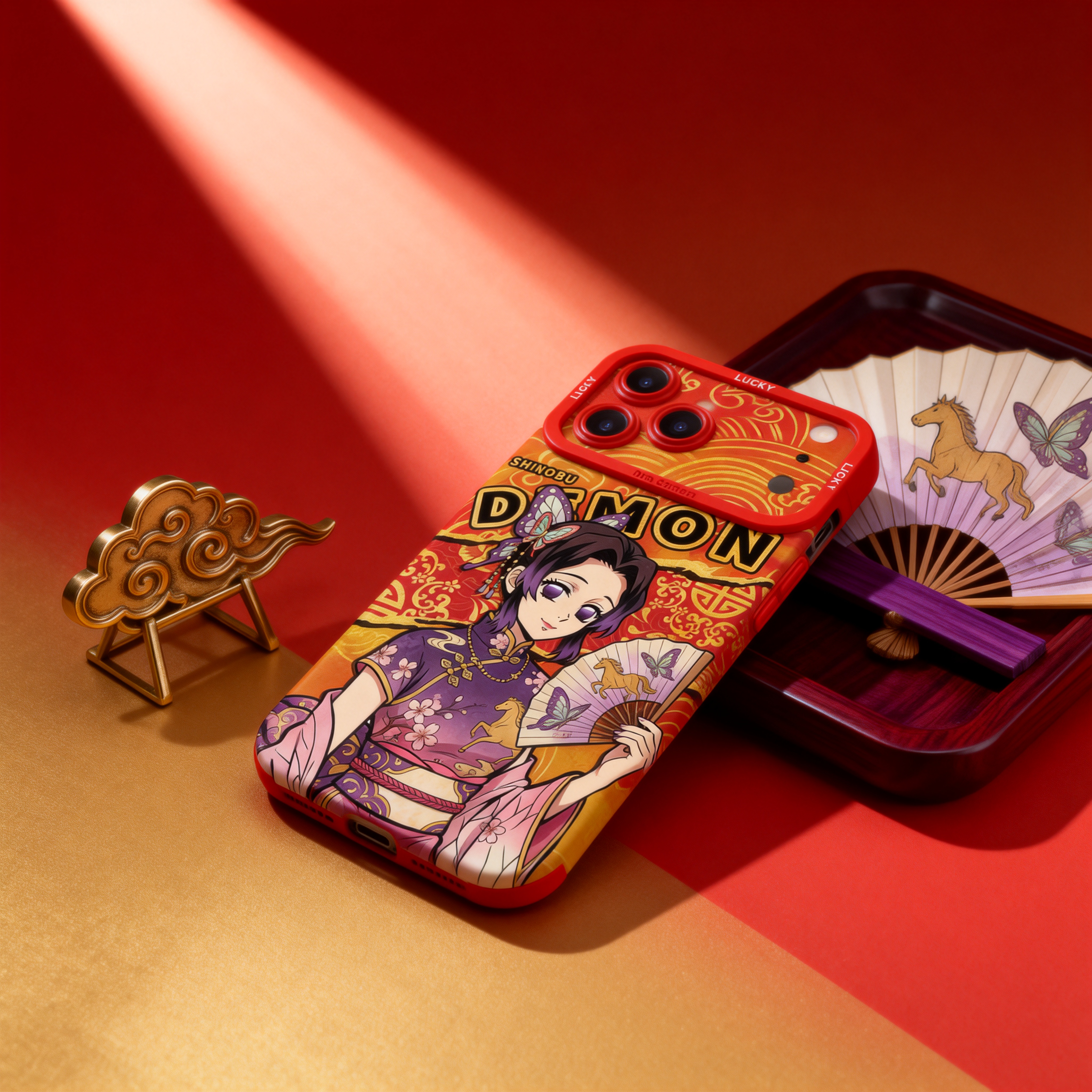 鬼滅之刃紅色馬年金線矽膠手機殼