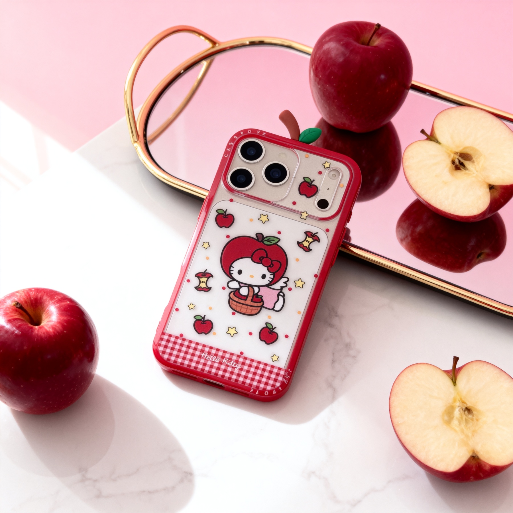 紅色格紋蘋果頭套Kitty手機殼