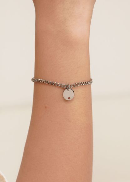 Birthstone Round Pendant Silver with Curb Chain Bracelet